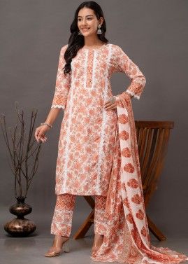 Cream Readymade Floral Printed Pant Suit Set