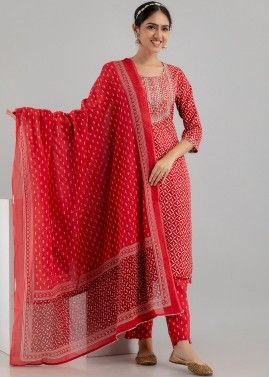 Red Readymade Digital Printed Pant Suit In Cotton
