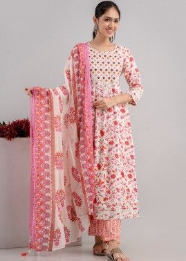 Pink Readymade Digital Floral Print Cotton Anarkali Suit