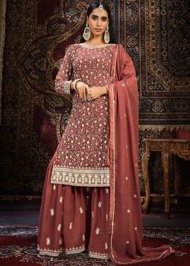 Brown Embroidered Gharara Suit Set 