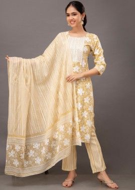Yellow Floral Printed Suit Set In Cotton