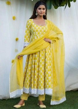 Yellow Printed Anarkali Suit Set In Cotton