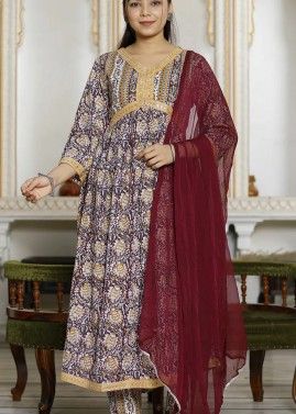 Multicolor Printed Anarkali Suit Set In Cotton