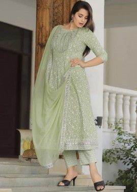 Green Printed Suit Set In Rayon