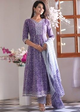 Purple Printed Anarkali Suit Set