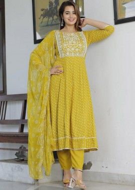 Yellow Bandhej Printed Anarkali Suit Set
