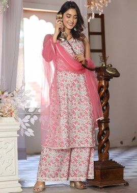 White Floral Printed Readymade Palazzo Suit