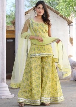 Yellow Readymade Floral Print Palazzo Suit