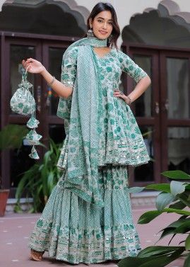 Readymade Green Sharara Suit In Floral Print