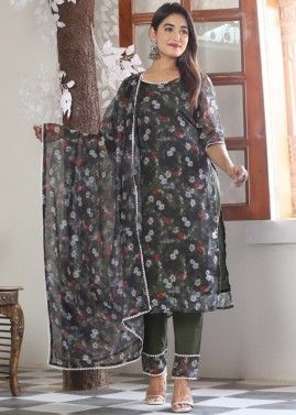 Green Floral Printed Readymade Pant Suit