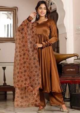 Readymade Brown Silk Anarkali Palazzo Suit