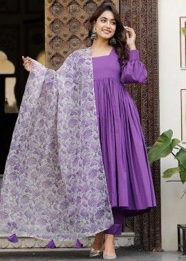 Purple Readymade Anarkali Suit In Cotton