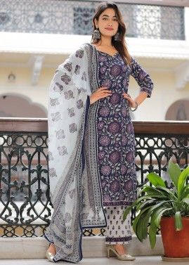 Navy Blue Floral Print Readymade Palazzo Suit