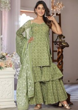 Readymade Green Printed Gharara Suit Set