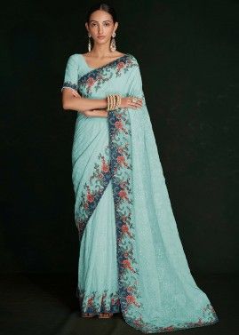 Turquoise Chikankari Embroidered Saree & Blouse