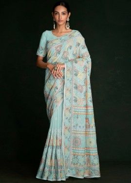 Turquoise Chikankari Thread Embroidered Saree