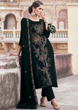Green Thread Embroidered Velvet Pant Suit