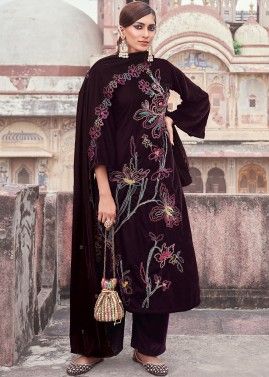 Wine Velvet Pant Suit In Thread Embroidered