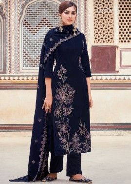 Blue Thread Embroidered Pant Suit In Velvet