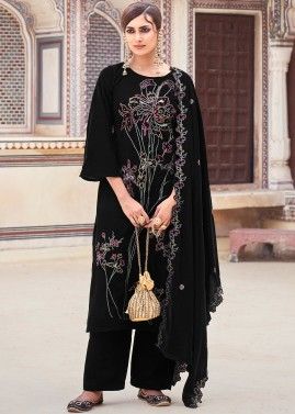 Black Velvet Pant Suit In Thread Embroidered