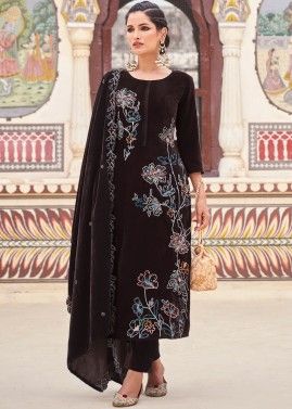 Brown Thread Embroidered Pant Suit In Velvet