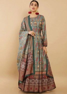 Sage Green Readymade Digital Printed Anarkali Suit In Art Silk