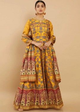 Yellow Readymade Digital Printed Art Silk Anarkali Suit