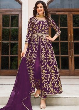 Purple Embroidered Slit Style Anarkali Suit Set