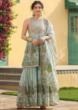 Grey Embroidered Gharara Suit Set