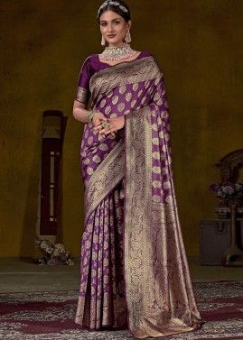 Purple Woven Border Saree In Art Kanjivaram Silk