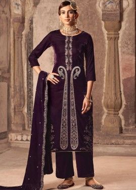 Wine Embroidered Pant Suit In Velvet
