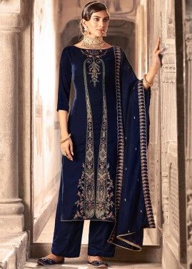 Navy Blue Embroidered Pant Style Suit Set