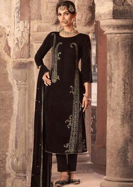 Brown Velvet Embroidered Pant Suit