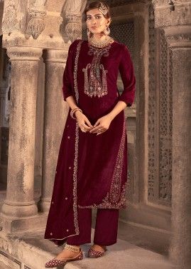 Maroon Embroidered Pant Suit In Velvet