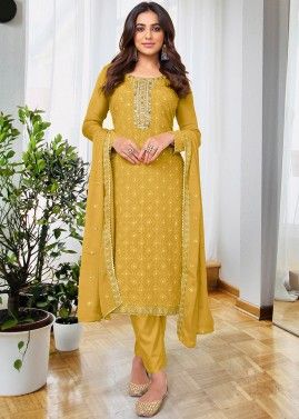 Yellow Embroidered Georgette Pant Suit