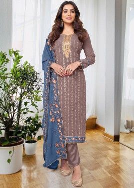 Mauve Brown Embroidered Georgette Pant Suit Set