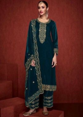 Blue Embroidered Pant Suit Set