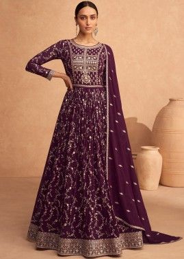 Purple Embroidered Georgette Anarkali Suit 