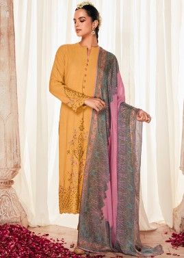 Yellow Embroidered Pant Suit In Art Silk