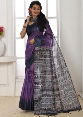 Purple And Blue Shaded Saree In Tussar Silk