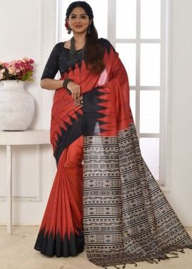 Red Printed Saree In Tussar Silk