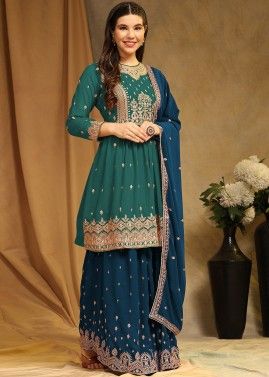 Green Embroidered Flared Sharara Suit Set
