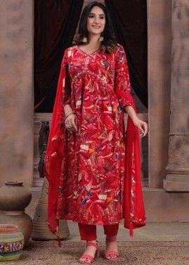 Red Printed Readymade Pant Suit In Rayon