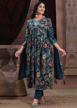 Readymade Blue Floral Printed Rayon Pant Style Suit