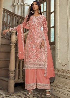 Peach Embroidered Suit Set In Net