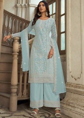 Blue Embroidered Suit Set In Net