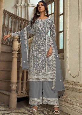 Grey Embroidered Palazzo Suit Set