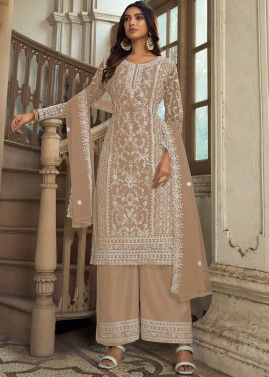 Beige Embroidered Suit Set In Net