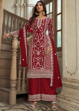 Red Embroidered Suit Set In Net