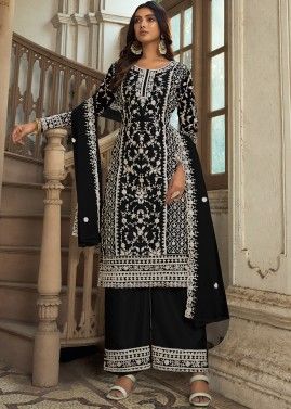 Black Embroidered Suit Set In Net